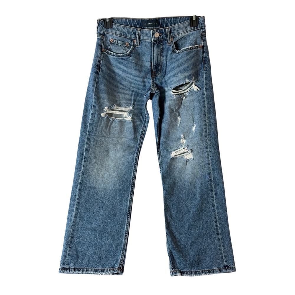 Aeropostale Jeans 4 Short Blue Distressed Low Rise Baggy Wide Leg Denim Y2K